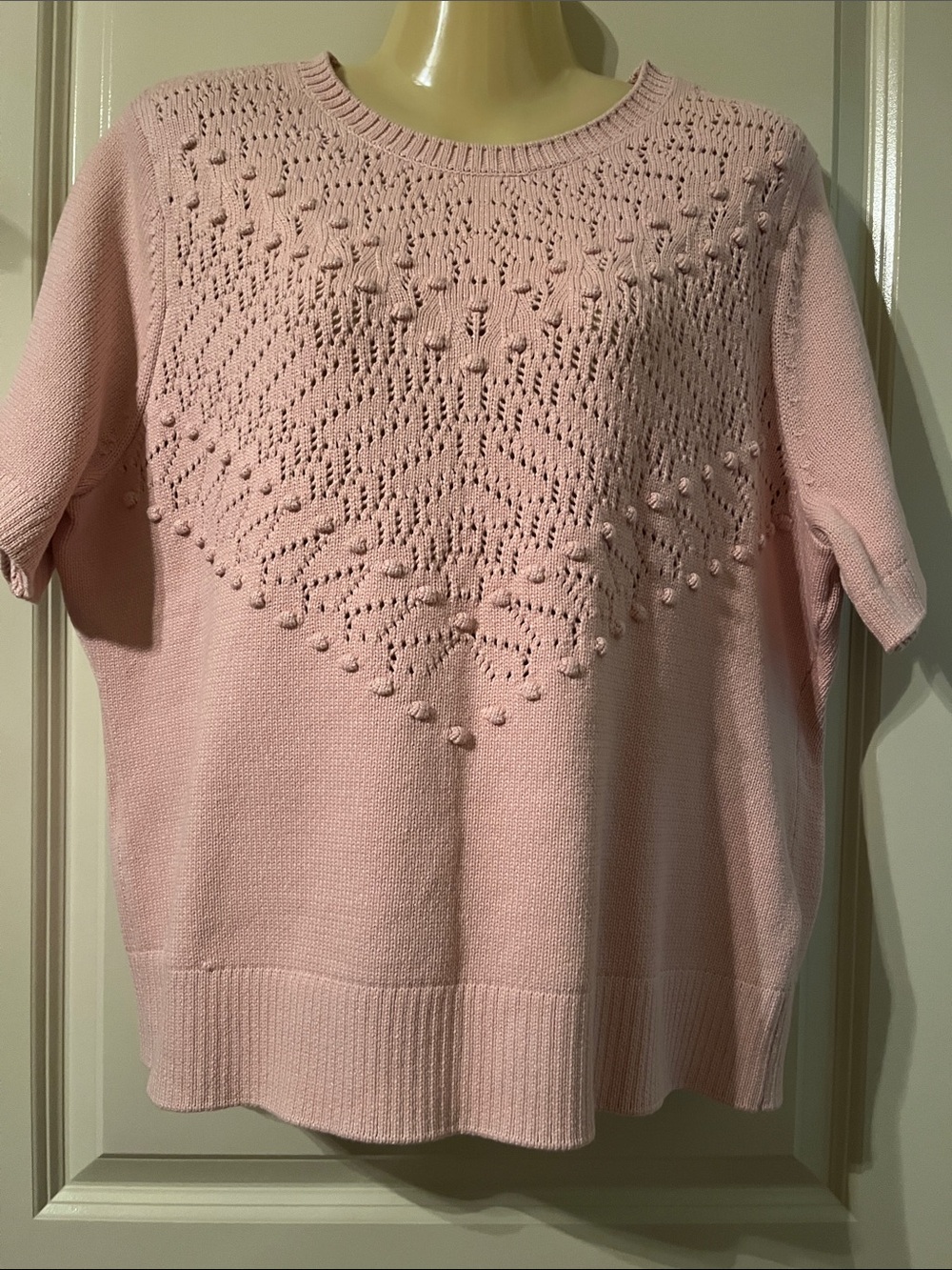 Talbots Pale Pink Short-Sleeve Crewneck Sweater with Textured Yoke, NWT, PXL